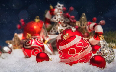 Merry Christmas and Happy New Year, Holidays greeting card with blurred bokeh background