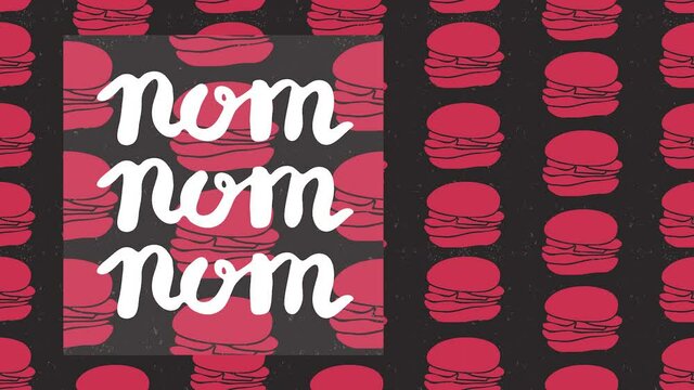 Hamburger pattern art background. Fast food takeaway. American cuisine restaurant advertisement. Nom lettering. Pink snacks dynamic motion isolated on black art banner.