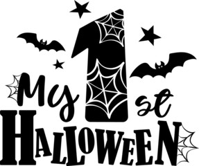 My First Halloween, Baby`s 1st Halloween, stock illustration, celebration Halloween. Young and happy, t-shirt graphics, posters, party concept, textile design, and card.