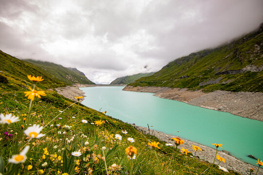 Aerial view of glacier lake at Lac de Moiry in the Swiss Alps. At Grimentz Vallis, CH Switzerland.