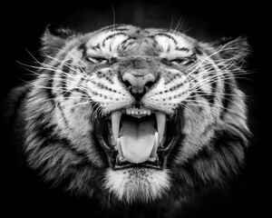 Black and White Gorgeous Bengal Tiger Resting on Grass and Showing its Teeth