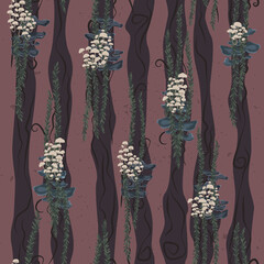 White wood mushrooms and hanging plants seamless pattern. Floral forest repeating pattern. Stylized nature pattern. 
