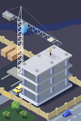 Construction site with tower crane in 3D. New reinforced concrete building in the city.