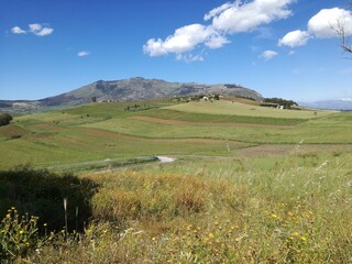 Cultivates fields during a clear day.