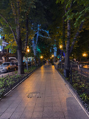 Night view of Deribasovskaya street in Odessa, Ukraine 2020. Popular touristic european destination. Odessa city view
