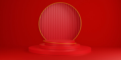 3d rendering abstract Empty podium on red background with podium and circular podium for product minimal presentation. cosmetics stand, Chinese New Year, bander, sale