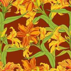 Vector seamless background. Day-lily. Flowers, buds and leaves on a black background. Use printed materials, signs, items, websites, maps, posters, postcards.