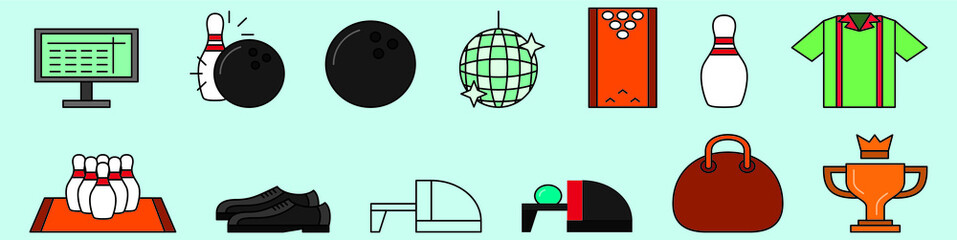 set of bowling cartoon icon design template with various models. vector illustration isolated on blue background