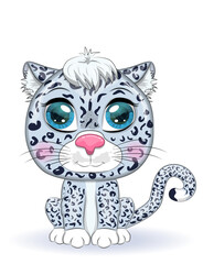 Cartoon snow leopard with expressive eyes. Wild animals, character, childish cute style.