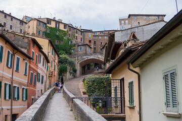 Perugia - August 2019: Acqueduct of Perugia with view of city center
