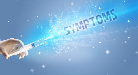 Syringe, medical injection in hand with SYMPTOMS inscription, medical antidote concept