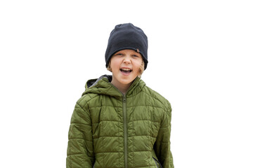 Baby in winter clothes on a white background