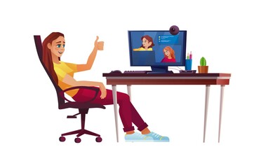 Girl working from home office, student or freelancer at computer table. Video call, conference or education. Friends talking online during quarantine. Cartoon vector illustration.