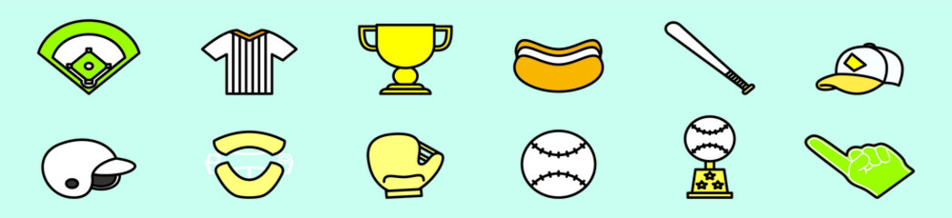 set of baseball equipment and elements cartoon icon design template with various models. vector illustration isolated on blue background