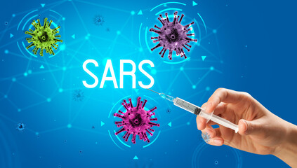 Syringe, medical injection in hand with SARS inscription, coronavirus vaccine concept