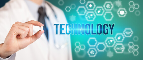 Close-up of a doctor giving you a pill with TECHNOLOGY inscription, medical concept