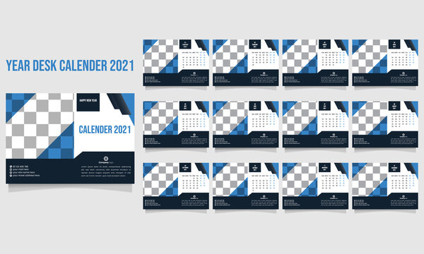 Calendar 2021, Set Desk Calendar template design with Place for Photo and Company Logo. Week Starts on Sunday. Set of 12 Months