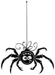 black silhouette of a spider hanging on a web. 8 paws, eyes and a smile. Licks. Vector image on a white background, cartoon.