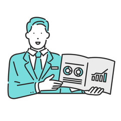 パンフレットを持って顧客に説明をするビジネスパーソンのイラスト素材