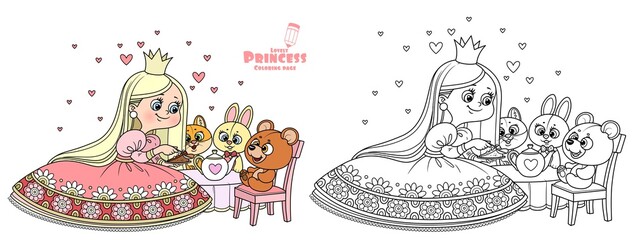 Cute princess in red dress feeding the teddy bear cake outlined and color for coloring book © Azuzl