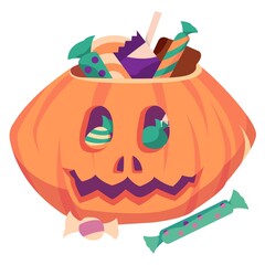 Halloween pumpkin full of candy and sweets isolated on white background. Vector icon illustration. Cute orange pumpkin. Trick or treat