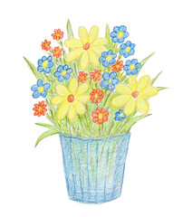 Hand drawn with watercolor pencils flowers in vase, naive art, folk flowers, primitive art, greeting card, invitation, wall poster, wild flowers bouquet