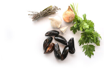 Ingredients for a Mediterranean meal with fresh blue mussels, onion, garlic, parsley and dried herb bouquet, white background with copy space, high angle view from above
