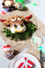 New year food. Food art. Bull shaped salad. New year 2021, Christmas 2021. Champagne, gift. Symboll of a year.