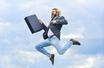 Happy worker. Feeling free. Business man formal suit carries briefcase. Illegal deal business. Find your life mission. Businessman run away business case. Feel impact. Hipster hold briefcase. Freedom