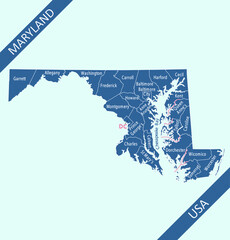 County map of Maryland labeled - obrazy, fototapety, plakaty