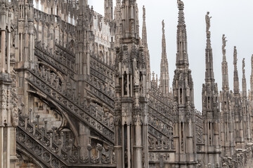 Amazing architectural details on the rooftop of  world's famous Milan cathedral Duomo