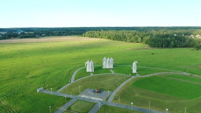 Top view of the Memorial Panfilov Heroes dedicated to 28 soldiers of the Red Army. A large stone statue of the military warriors in the field on guard of the border