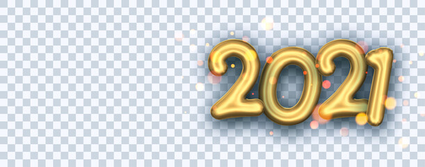 Golden foil 2021 balloon sign on transparent background.