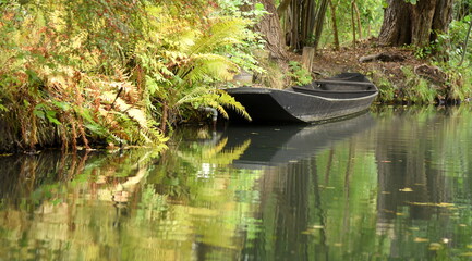 Hölzerner Spreewald-Kahn im herbstlichen Spreewald