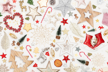 Christmas flat lay background on the white wooden table.