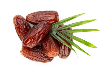 Dry dates isolated on white background. Top view. Flat lay pattern.