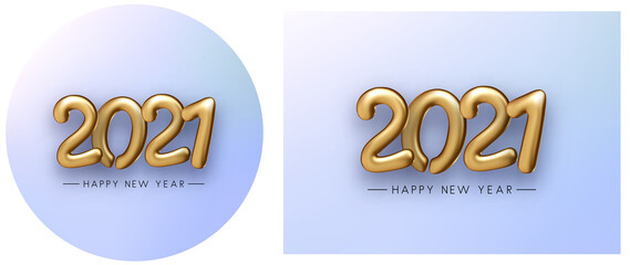 Golden foil 2021 balloon sign on blue background.