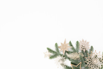 Christmas flat lay background on the white wooden table.