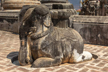 Ancient elephant guardian statue at pagoda field in Sagar
