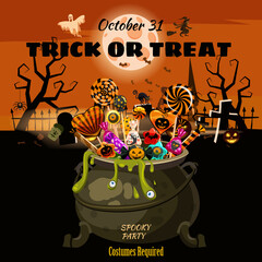 Hello Halloween Cauldron full of Candies and sweets. Autumn october holiday dark cemetery tradition celebration banner poster template party Vector illustration