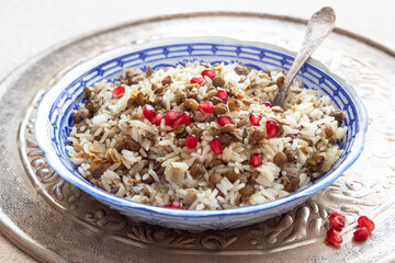 Vegetarian Mujaddara-Rice with Lentils and Turmeric. Traditional Arabic , Israeli food