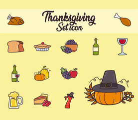 happy thanksgiving day line and fill style icon collection design
