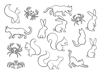Animal set. Collection of black outline animals, pets isolated on white background. Coloring silhouette bunny, cat, squirrel, crab.