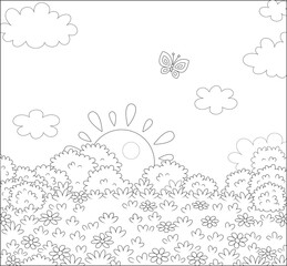 Obraz premium Bright sun rising over a pretty field with wildflowers and a flittering butterfly in a beautiful summer morning, black and white outline vector cartoon illustration for a coloring book page