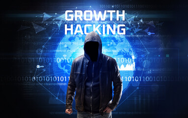 Faceless hacker at work with GROWTH HACKING inscription, Computer security concept