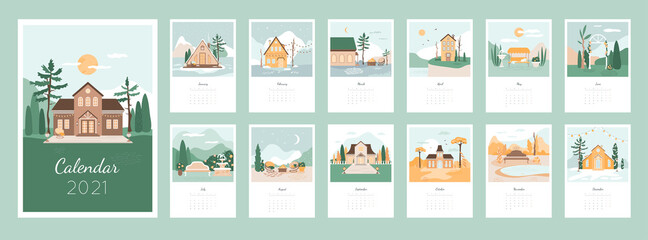 Calendar 2021 design concept with cozy houses and landscapes. Picturesque scenery,  garden, courtyard bundle. Set of 12 months vector illustrations. Cartoon flat beautiful nature, autumn forest.