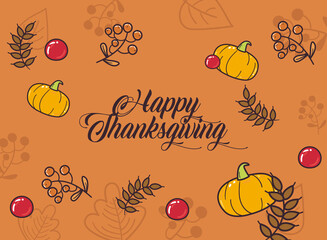 happy thanksgiving day pumpkins berries and leaves line and fill style icon design
