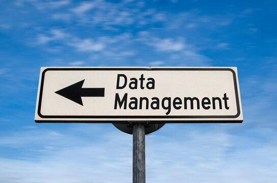 Data Management road sign, arrow on blue sky background. One way blank road sign with copy space. Arrow on a pole pointing in one direction.