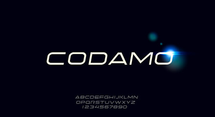 Codamo, a high tech and futuristic font, modern scifi typeface design. Alphabet vector illustration
