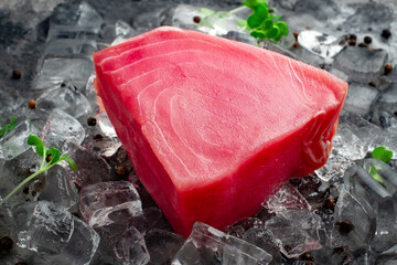 Fresh raw tuna fillet steak on ice a stone background with seasonings and herbs